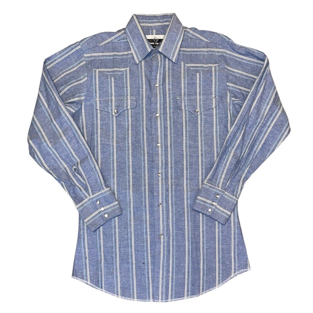 Panhandle Slim Ranch Town Pearl Snap Shirt Men 15.5/33 Blue Striped Western Farm